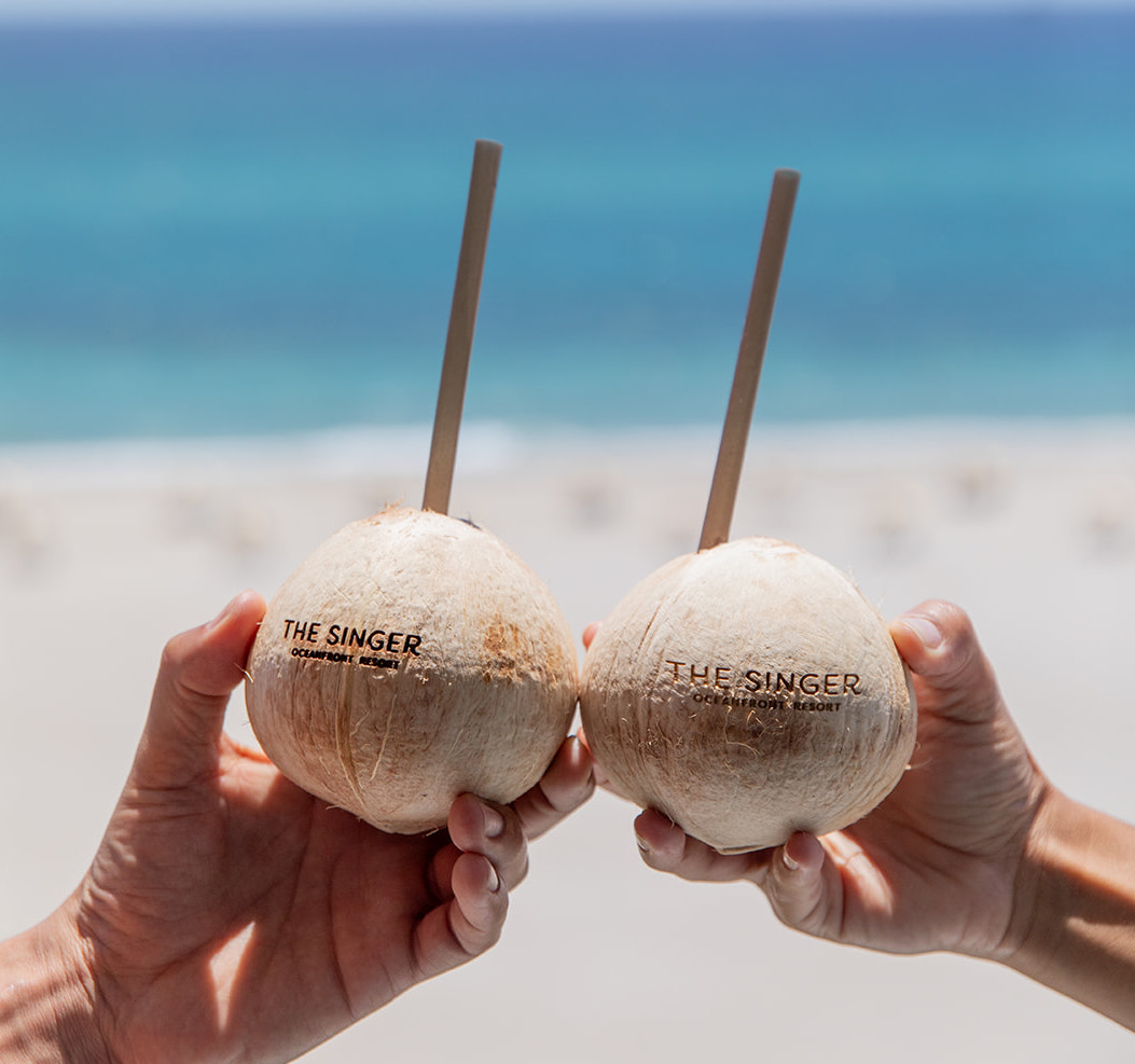 two coconuts with the singer logo with the ocean in the background