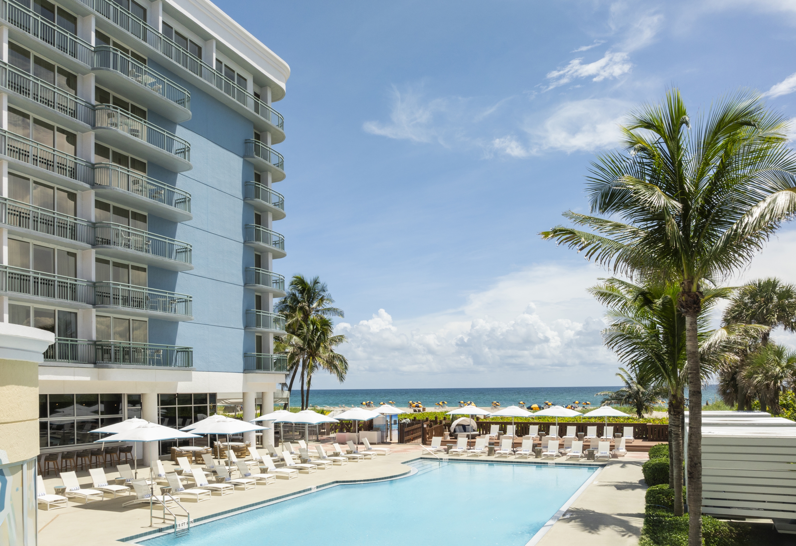 resort pool surrounded by lounge chairs and palm trees